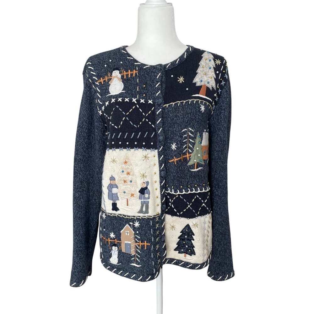 Vintage Womens Holiday Sweater S Embroidered Snowmen Christmas Tree Knit Navy